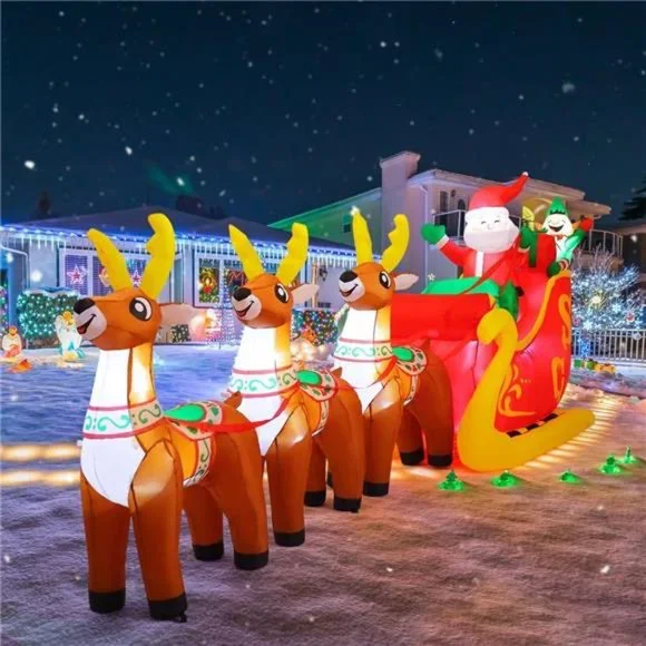 12 Ft Christmas Inflatable Reindeer cart Outdoor Decorations Blow Up Yard Three